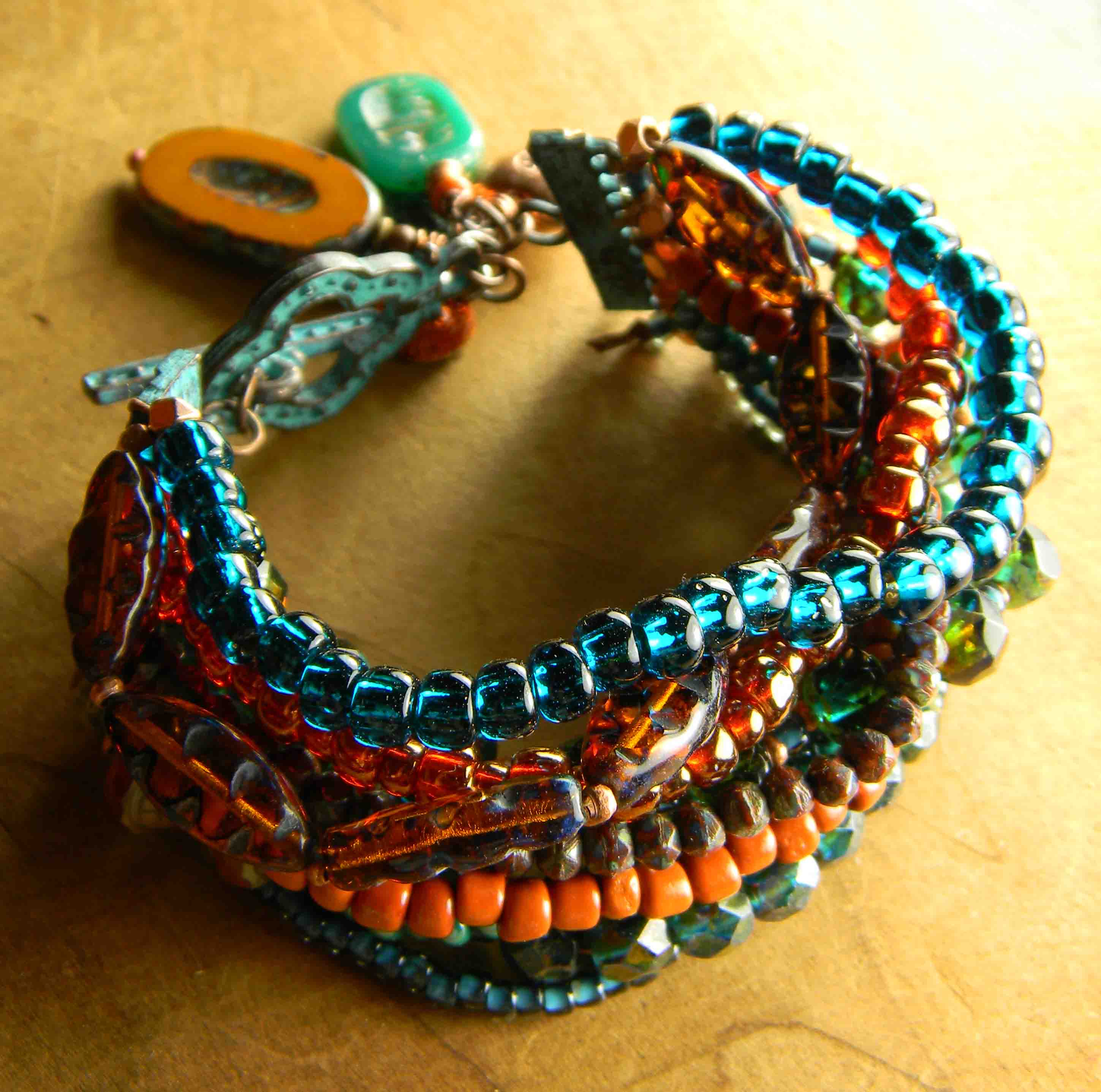 Multi-Strand Teal and Rust Beaded Bracelet