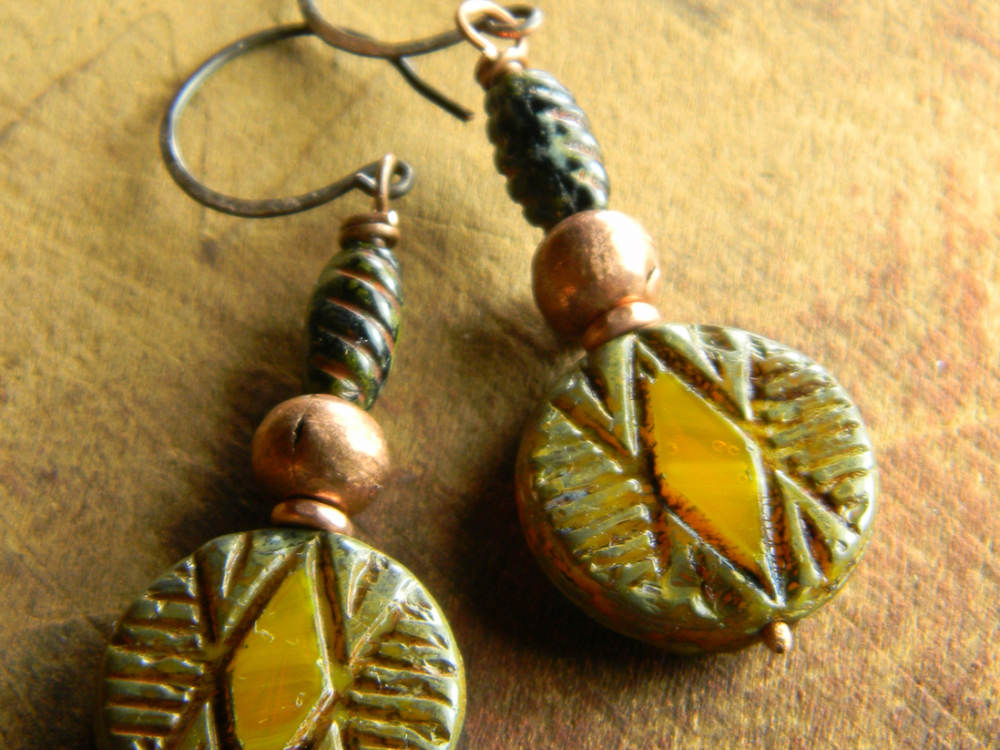 Yellow Ochre Geometric Earrings with Rustic Copper Chrysalis Tribal