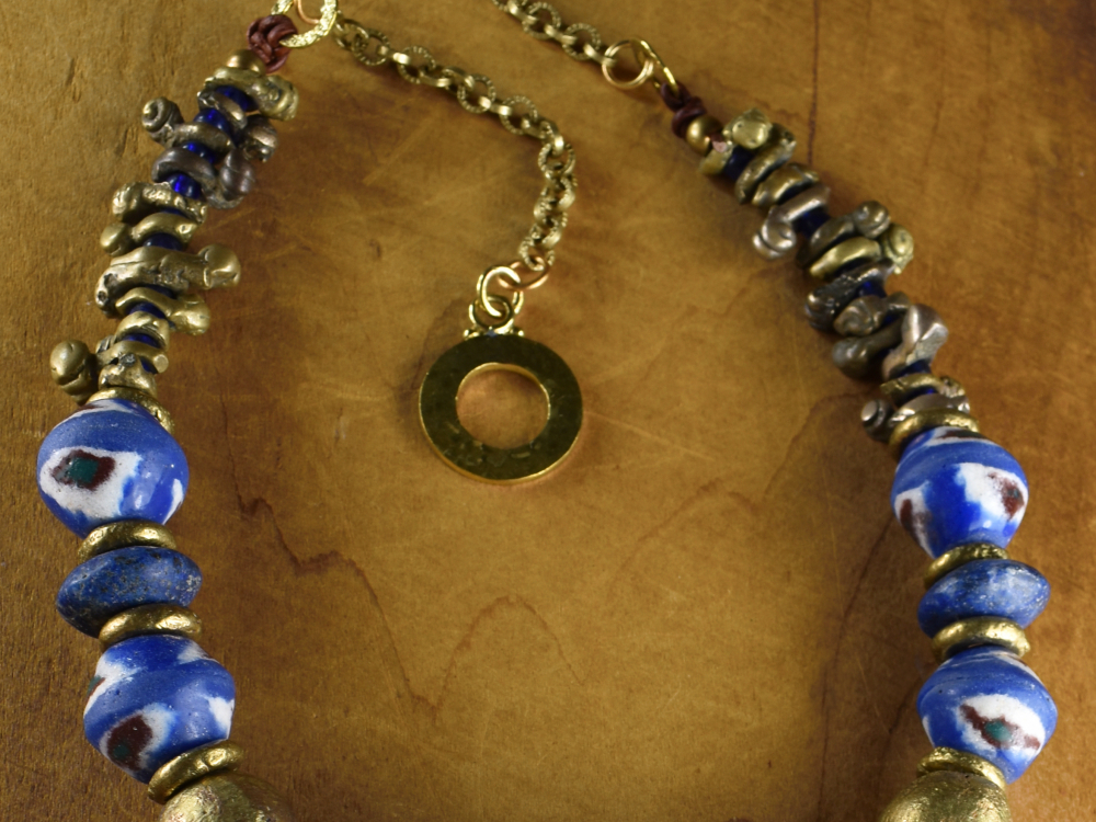 Igbo Brass Blue Krobo Necklace | Chrysalis Tribal Jewelry