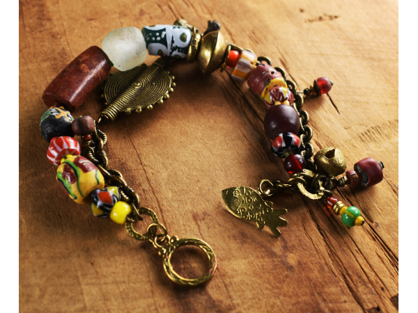 Richly colored African beads in a bracelet from Gloria Ewing.