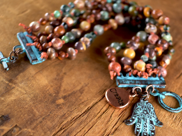 Hippie style jasper beaded bracelet with Mykonos accents by Gloria Ewing.