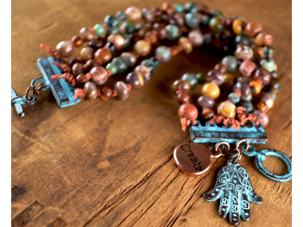 Hippie style jasper beaded bracelet with Mykonos accents by Gloria Ewing.