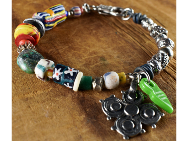 Asymmetrical beaded bracelet with African beads by Gloria Ewing.
