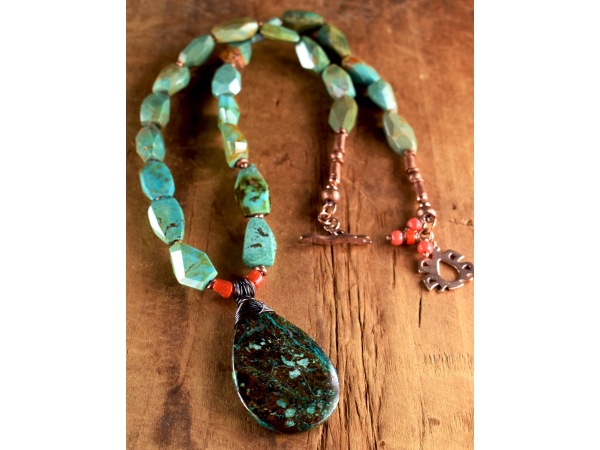 Two varieties of turquoise in a beaded necklace design by Gloria Ewing.