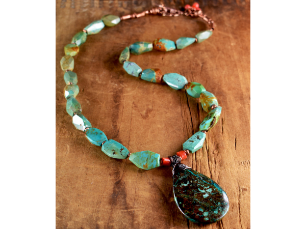 Faceted Tibetan turquoise with African turquoise pendant by Gloria Ewing.