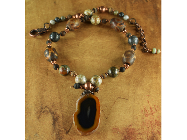Choker length beaded necklace with jasper and agate.