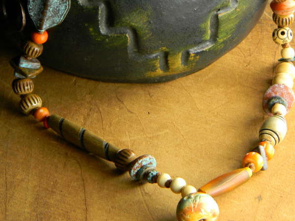 Tribal necklace with bone and horn by Gloria Ewing.