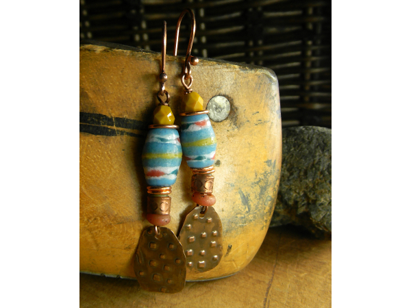 Blue tribal earrings with copper by Gloria Ewing.