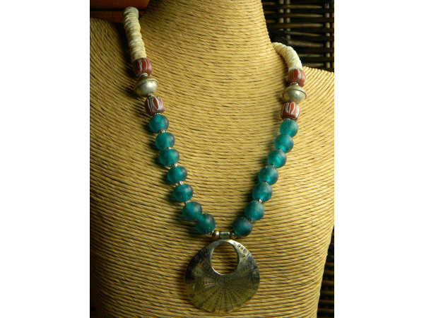 African recycled glass beads with bronze pendant by Gloria Ewing.