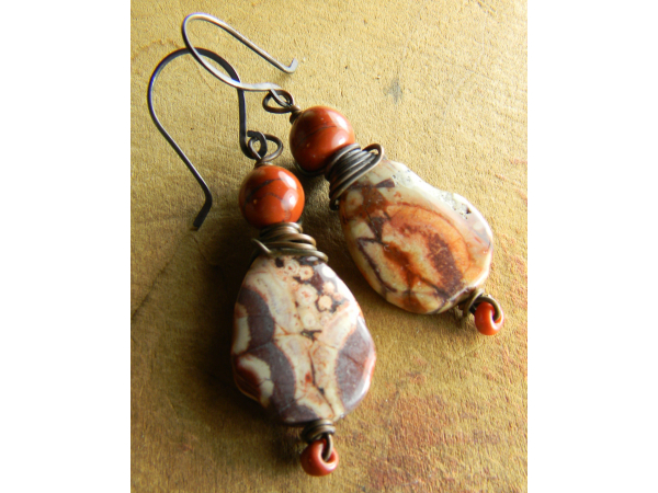 Natural rhyolite and red jasper beaded earrings by Gloria Ewing.