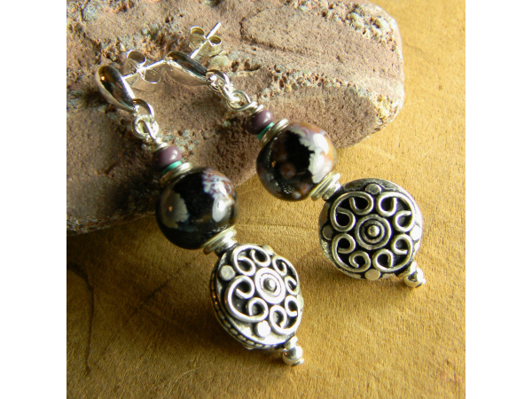 Black and lilac beaded earrings with Sterling by Gloria Ewing.