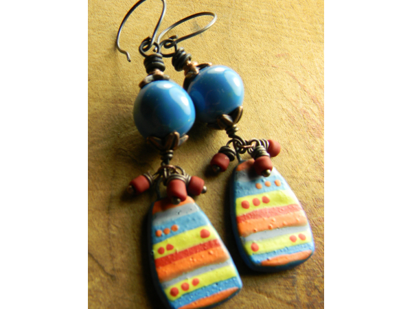Bright colorful handmade beaded drop earrings by Gloria Ewing.