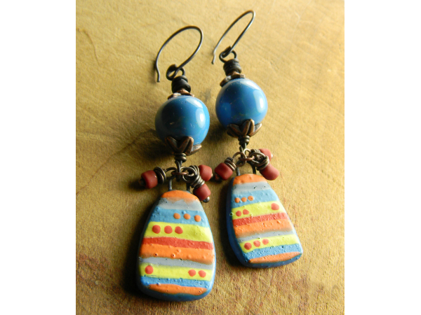 Boho gypsy colorful beaded drop earrings by Gloria Ewing.