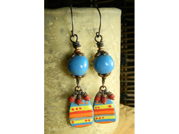 Colorful stripe and dot drop earrings by Gloria Ewing.
