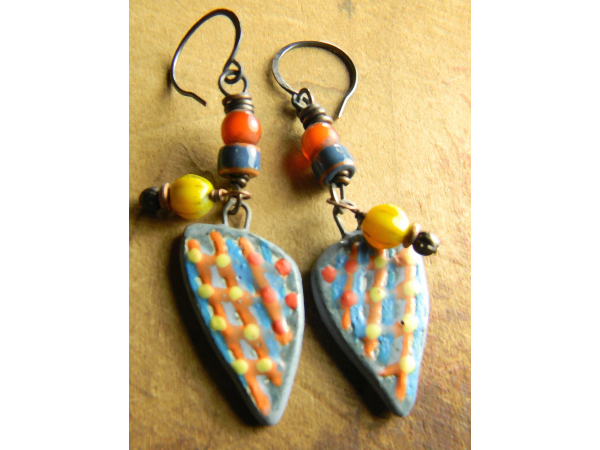 Artisan ceramic and ethnic beaded earrings by Gloria Ewing.