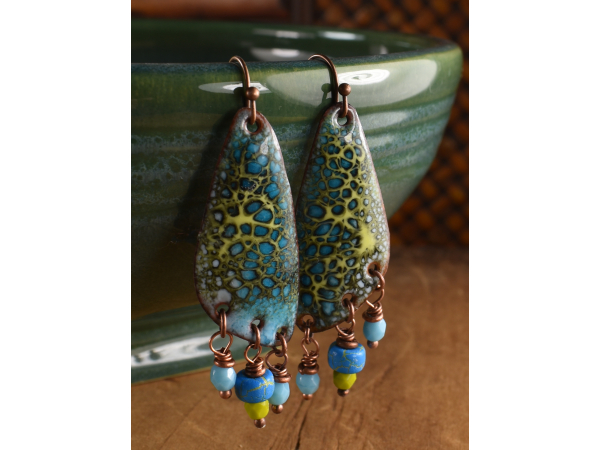 Wild tropical colors in copper enamel earrings by Gloria Ewing.