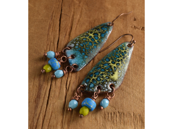 Brilliant blue and green beaded chandelier earrings from Gloria Ewing.