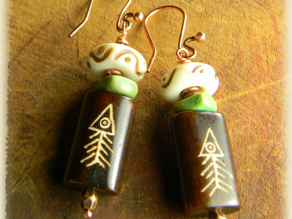 Primitive bone and green magnesite beaded earrings.