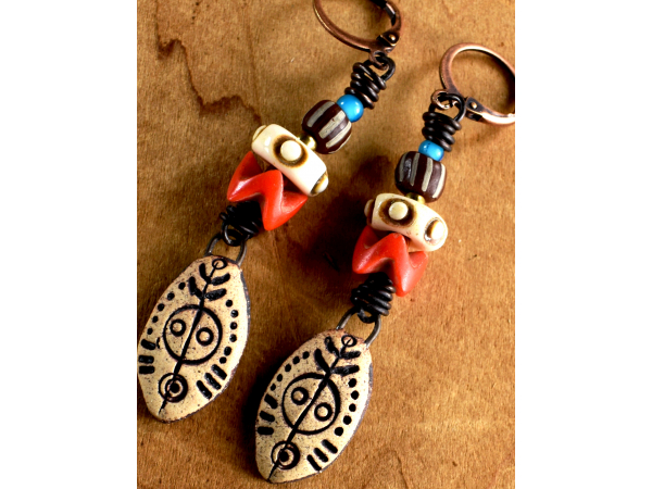 Artisan ceramic, African glass and bone earrings by Gloria Ewing.