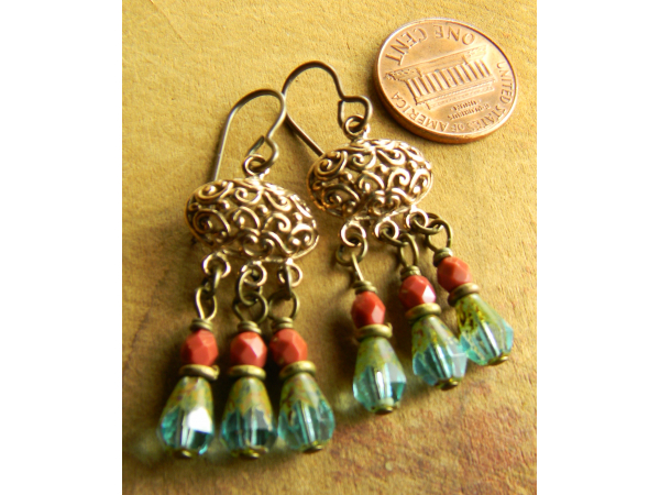 Lovely aqua glass chandelier earrings by Gloria Ewing.