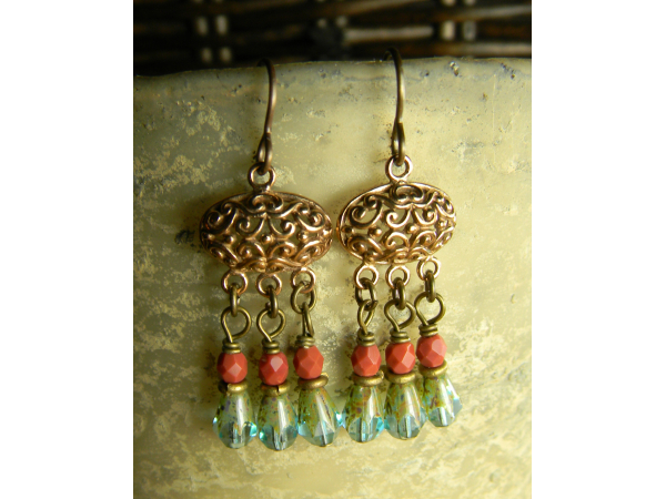 Romantic Chandelier earrings in bronze by Gloria Ewing.