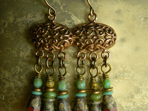 Small Artisan Bronze Earrings Scaled down beaded chandelier earrings by Gloria Ewing.