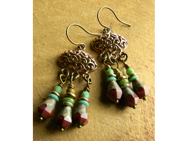 Bronze and red with touches of blue, beaded earrings by Gloria Ewing.