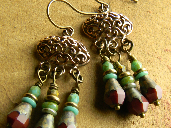 Bohemian Bronze Chandelier Earrings Bronze and red with touches of blue, beaded earrings by Gloria Ewing.