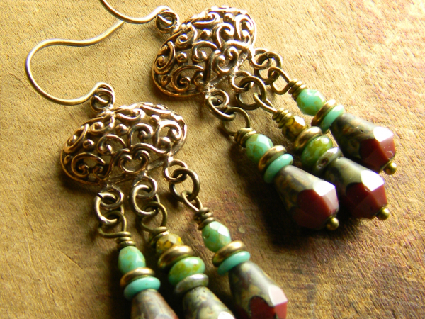 Delicate Bronze Chandelier Earrings Dark red and blue with bronze in beaded earrings by Gloria Ewing.