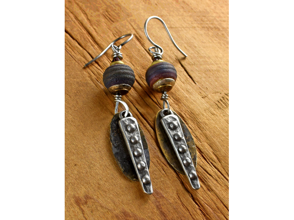 Artisan glass with copper and pewter, earrings by Gloria Ewing.