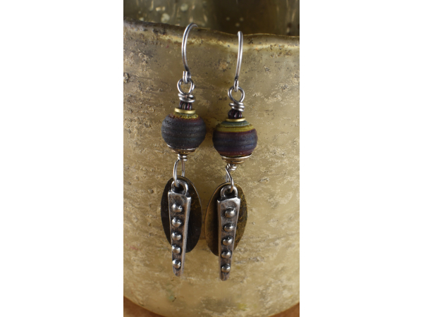 Layered dangle earring with artisan glass and mixed metals.