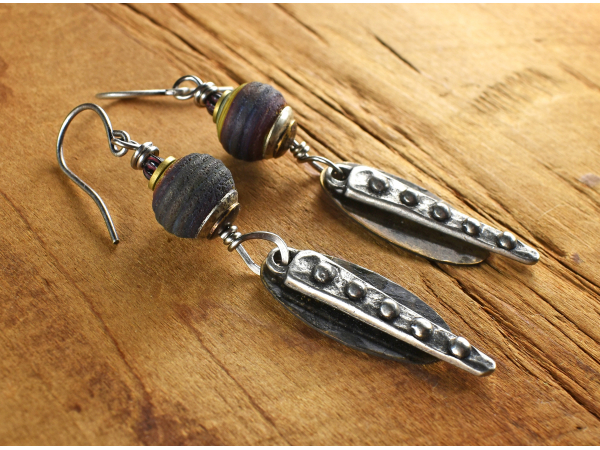Bumpy daggers with artisan lampwork glass, earrings from Gloria Ewing.