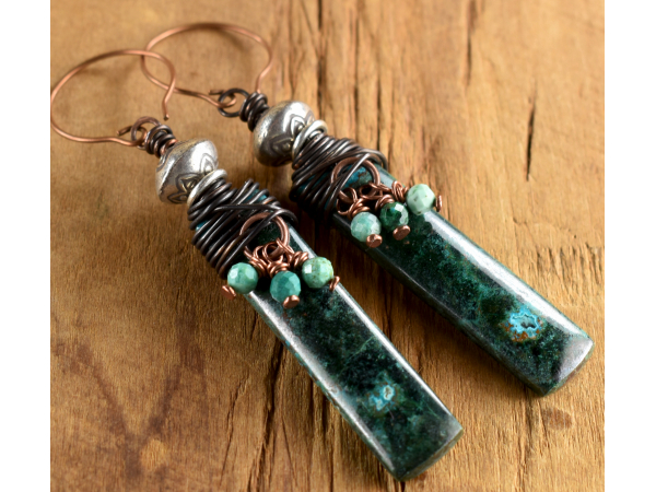 Rustic wire wrapped Chrysocolla with Hill Tribe silver by Gloria Ewing.