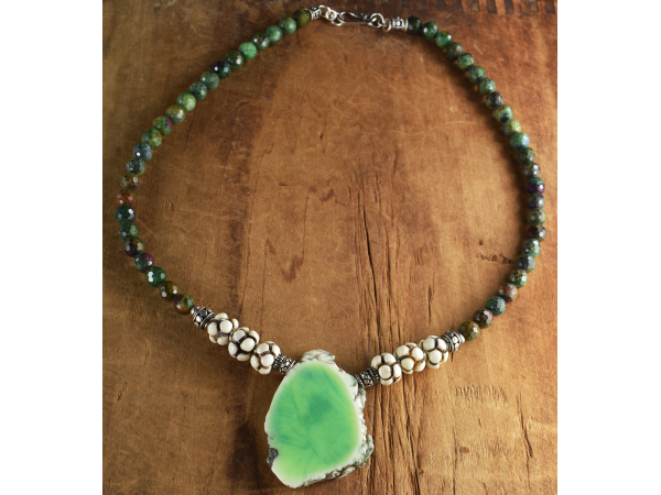 Tribal vibe in a beaded chrysoprase necklace by Gloria Ewing.
