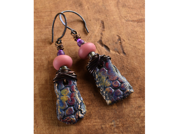 Textured polymer clay with lampwork glass from Gloria Ewing.