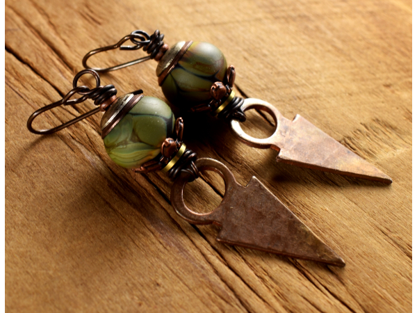 Copper and lampwork glass earrings by Gloria Ewing.