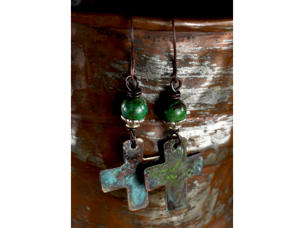 Verdigris patina copper cross earring with turquoise by Gloria Ewing.
