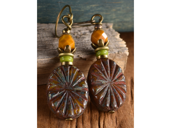 Boho style Czech glass drop earrings by Gloria Ewing.