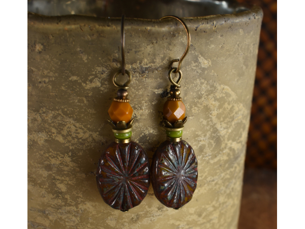 Yellow and autumn red drop earrings from Gloria Ewing.