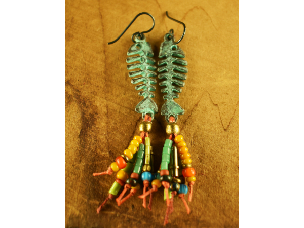 Colorful fringe beaded earrings by Gloria Ewing.