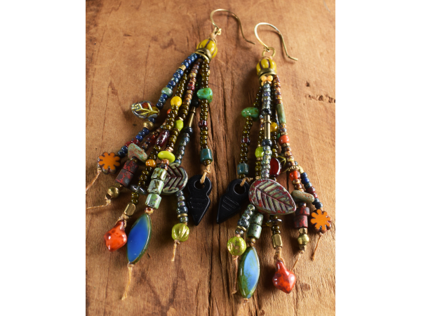 Basic black in lush Boho style beaded earrings by Gloria Ewing