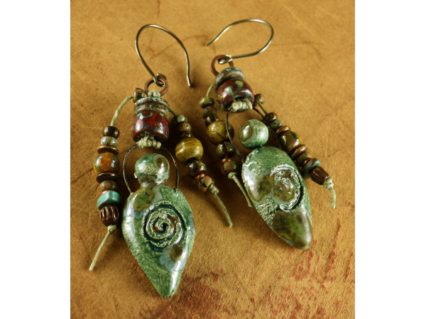 Boho style glazed ceramic goddess earrings.
