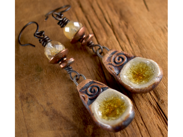 Boho style earring design with faceted gold rutile by Gloria Ewing.