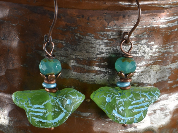 Beautiful green bird beaded earrings by Gloria Ewing.