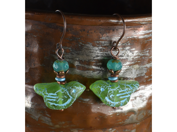 Beautiful green bird beaded earrings by Gloria Ewing.
