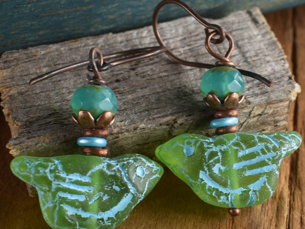 Green and Blue beaded Czech glass bird earrings - Gloria Ewing.
