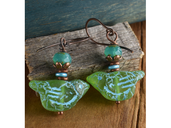 Green and Blue beaded Czech glass bird earrings - Gloria Ewing.
