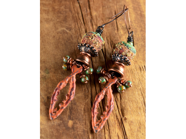 Artisan glass and pewter in an original earring design by Gloria Ewing.