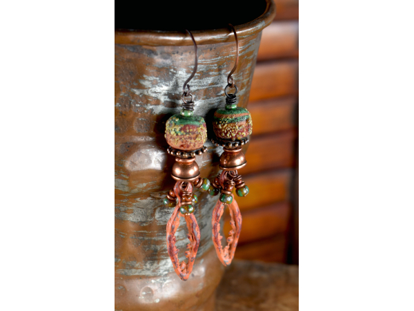 Rusty patina charms and crusty lampwork in earrings from Gloria Ewing.