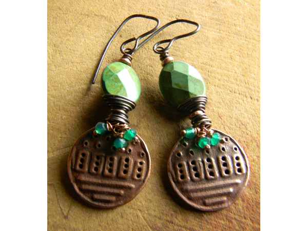 Rustic copper wire wrap, and faceted green stones by Gloria Ewing.